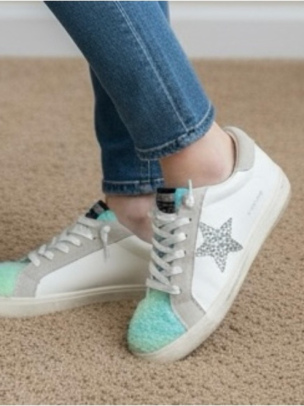 Vintage Havana Dixie Sneakers White Silver Glitter Star Blue Faux Fur Toe NWOB